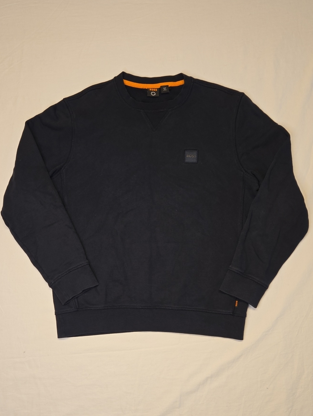 Boss Navy Crewneck Pullover Sweater with Square Spellout Logo